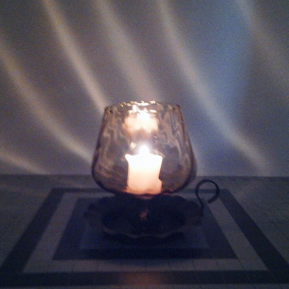 Empoli Amber Swirl Optic Glass And Black Wrought Iron Candle Holder 6 Inch